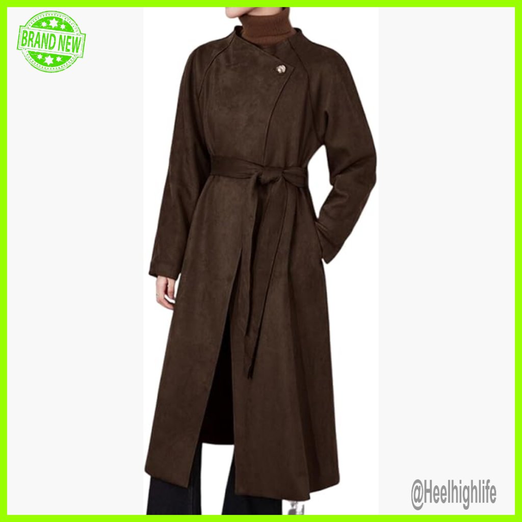 Faux Suede Long Trench Coat With Belt Slim Fit Waterproof Winter Overcoat